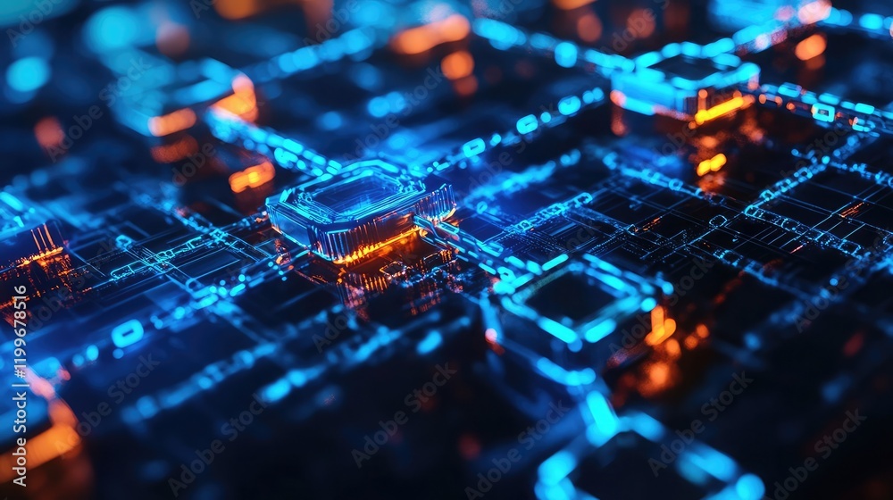 Poster digital landscape showcasing interconnected virtual spaces and blockchain technology.