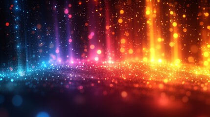 Fototapeta premium Vibrant colorful light rays and glitter particles on dark background.