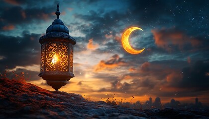 Fototapeta premium Ornamental Arabic lantern with burning candle glowing at night mosque background. Festive greeting card, invitation for Muslim holy month Ramadan Kareem.