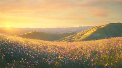 Obraz premium Rolling Hills and Wildflowers at Sunset
