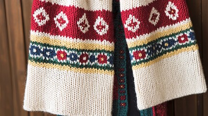 of a patterned wool scarf, showing the texture of the knit and the vivid colors of the design. Close-up, pattern, details, textiles 