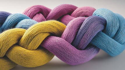 of a patterned wool scarf, showing the texture of the knit and the vivid colors of the design. Close-up, pattern, details, textiles 