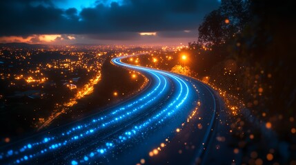 Glowing blue light trails on a winding road at night, overlooking a city.