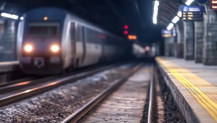 Fast Train Approaching Platform in Dimly Lit Subway Station at Night with Blurred Background