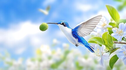 Fototapeta premium Hummingbird in Flight Spring Blossoms Blue Bird Nature