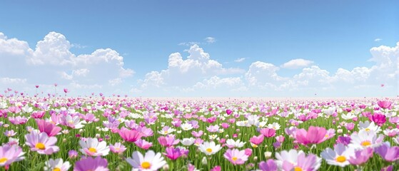 A sprawling meadow filled with an array of colorful cosmos flowers stretching towards the horizon, wildflower meadow, field of flowers, colorful fields, flowers in bloom, beautiful cosmos flowers