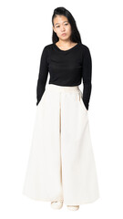 Asian woman png mockup in black palazzo pants casual fashion full body
