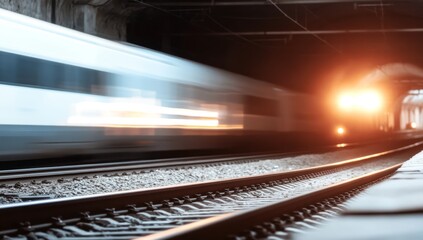 Obraz premium Fast-moving train in motion through a dark tunnel with bright lights illuminating the rails ahead