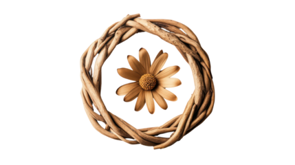 A beautiful wooden wreath with a central daisy flower, showcasing earthy tones and organic textures, perfect for decorative or natural themes.