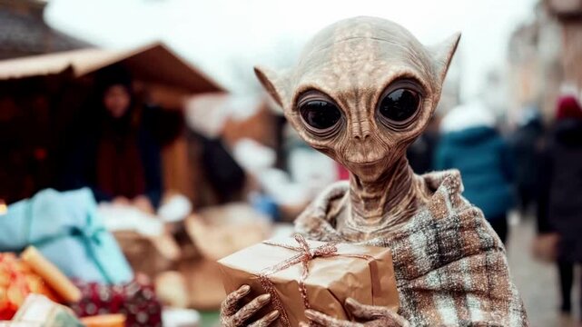 Alien holding gift box in outdoor market. Fantasy concept. For advertising, presentation. Close up view.