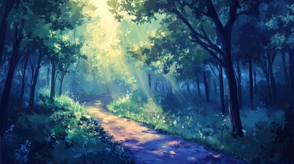 Sunlit Path Through a Lush Green Forest