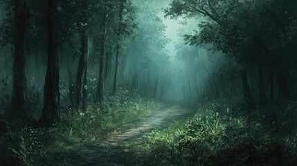 Fototapeta premium Mystical Forest Path Enveloped In Misty Green