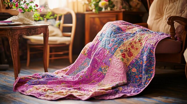 view of patchwork quilt Close-up, pattern, details, textiles 