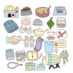 Cartoon Kids Celebrating Ramadan in Kawaii Doodle. Set of Islamic doodle element related to holly Ramadan. Illustration vector graphic.