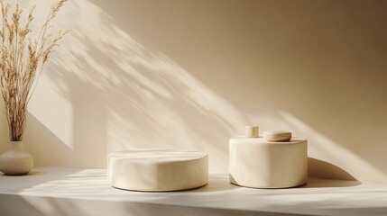 Dual cream matte podiums in a minimalist design with sunlight for luxury product displays