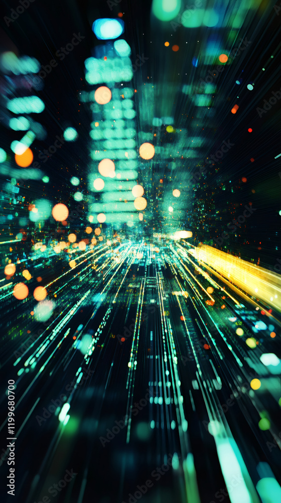 Aufkleber Binary code flowing through fiber optic cables, creating a futuristic cityscape with bokeh effect, representing data transfer and network communication