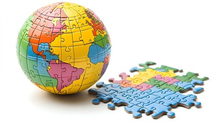 Colorful world map jigsaw puzzle unfinished on white   background, vibrant and detailed