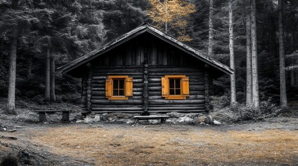 Secluded Log Cabin in Dark Forest Landscape