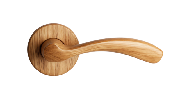 Elegant wooden door handle design on white isolated background, showcasing craftsmanship and modern aesthetics in interior design.