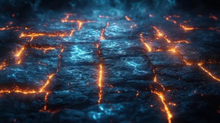 Fototapeta premium A mesmerizing scene of glowing cracks in a dark surface, illuminated by fiery orange light, creating a mystical and otherworldly atmosphere.