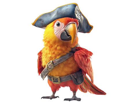 Colorful Pirate Parrot in 3D Outfit Isolated on White Background for Creative Projects