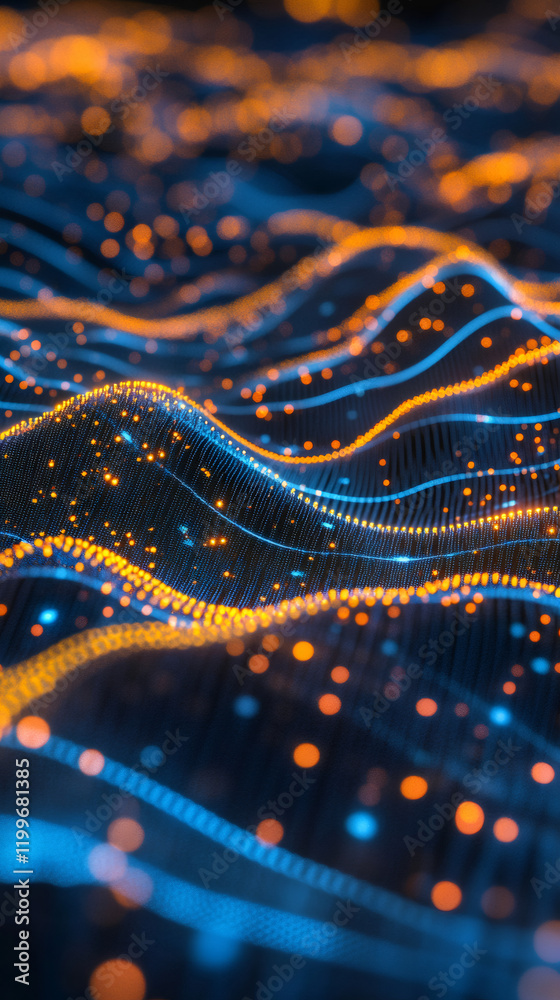 Fototapete Digital wave particles in blue and orange flowing, generating futuristic technological backdrop with dynamic energy and fluid motion