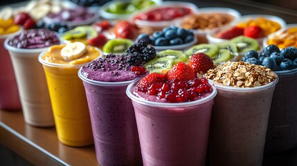 Jamba Juice Acai Smoothie Bowls on a large table, each bowl filled with deep acai puree and topped with sliced bananas, strawberries, blueberries, and kiwis