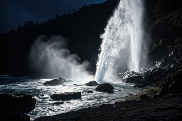 A strong stream of high-pressure water creates a powerful water spray that illuminates the surrounding black environment, machinery parts, water spray, industrial equipment