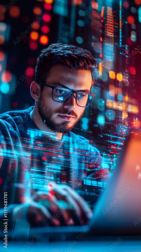 Poster Coding professional working on advanced software development, immersed in complex algorithms and dynamic data visualization screens