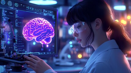 The hologram shows a glowing, intricately detailed 3D model of a human brain, with neural pathways illuminated in vibrant shades of blue, purple, and gold