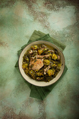 chakapuli, Georgian dish, stewed meat with herbs and tkemali, in white wine, homemade, no people,