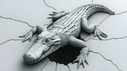 Crocodile emerging from a hole on white background