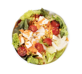 white bowl of fresh salad with tomato and lettuce isolated in close up top view