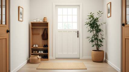 Inviting Entryway:  A welcoming entryway with a wooden coat rack and shoe storage unit provides practical organization while adding warmth and style to a minimalist home.  