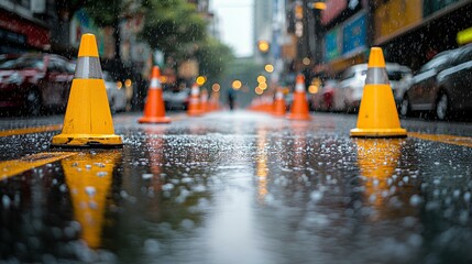 Wet road with orange traffic cones in a tunnel