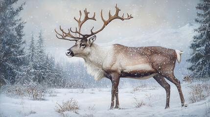Obraz premium full body Portrait of a majestic reindeer with intricate antlers, standing in a snowy forest landscape