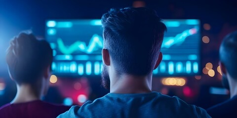 A person observing data visualizations on a screen, likely related to stock market trends or analytics. Concept Data Analysis, Stock Market Trends, Financial Analytics, Visualization Techniques