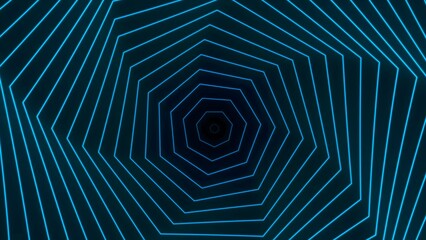 Abstract dark blue neon glowing geometric lines background pattern tunnel. Modern shiny blue polygon lines optical illusion pattern. Futuristic and dynamic technology concept, cover, poster, banner
