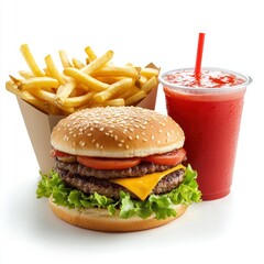 Delicious and Juicy Hamburger with Fresh Vegetables, Crispy French Fries, and a Refreshing Soft Drink in a Bright White Background for Tasty Food Photography