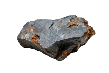 Dark mineral rock with metallic luster found in natural landscape, showcasing unique texture and colors isolated on transparent background