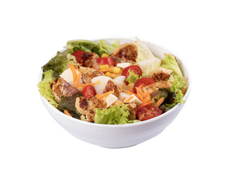 white bowl of fresh salad with cubes of tomato chicken and lettuce isolated in close-up angle