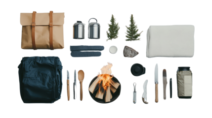 Camping gear and essentials arranged on a white isolated background, including backpack, utensils, and fire setup for outdoor adventures.