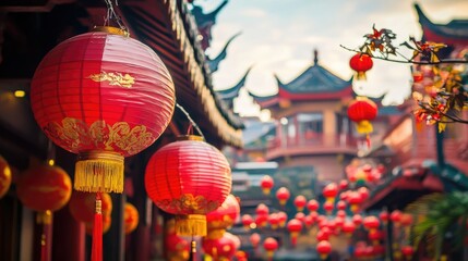 A vibrant street scene with red lanterns and decorations for Chinese New Year