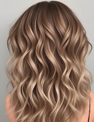 Naklejka premium Beautiful wavy hairstyle featuring balayage technique in warm caramel tones styled elegantly from behind