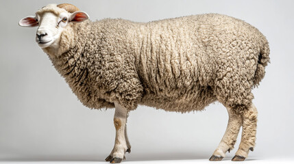 Fototapeta premium Full-body view of a sheep standing on a white background, showcasing its woolly texture and natural posture