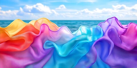 Obraz premium Colorful, flowing fabric waves in shades of orange, pink, blue, and purple against a serene ocean and blue sky backdrop. Concept Vibrant Fabric Movement, Ocean Serenity, Color Palette Harmony