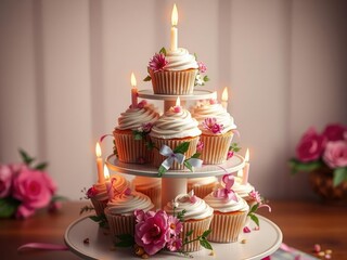 A tiered stand with multiple cupcakes adorned with candles and decorated with flowers ribbons and other festive elements, cupcake tower, festive food, multi-tiered desserts