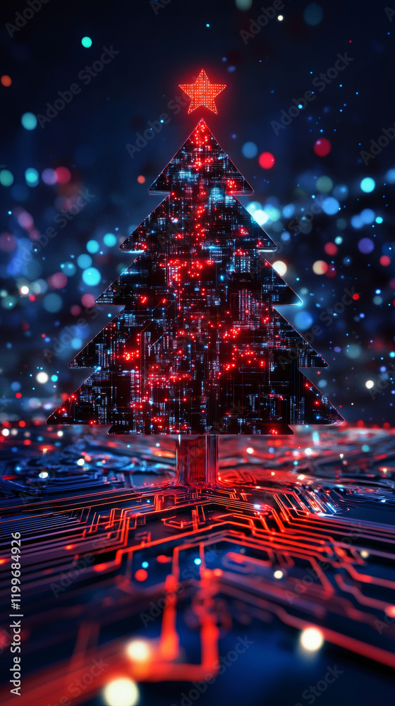 Poster futuristic christmas tree with electronic circuits growing on a motherboard with bokeh lights in the