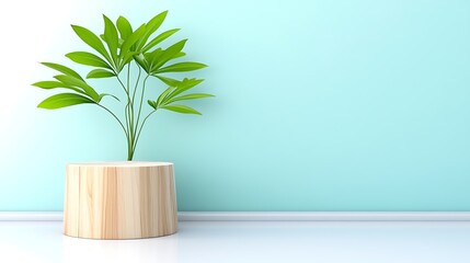 Minimalist Green Plant on Wooden Stump  Teal Background