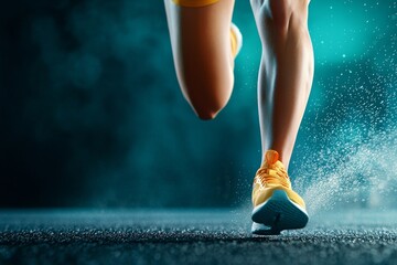 Person Running on Track with Bright Yellow Shoes in Motion Against a Dark Background